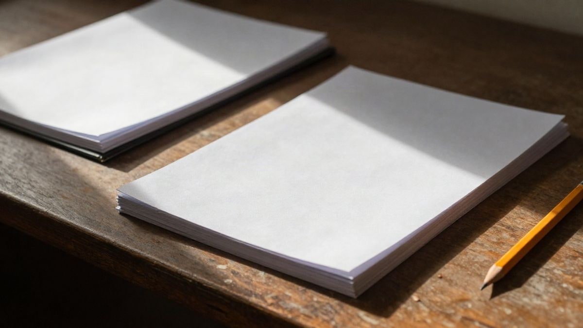 Imagen ilustrativa: primer plano de una mesa de madera con papeles apilados, una carpeta cerrada y un lápiz