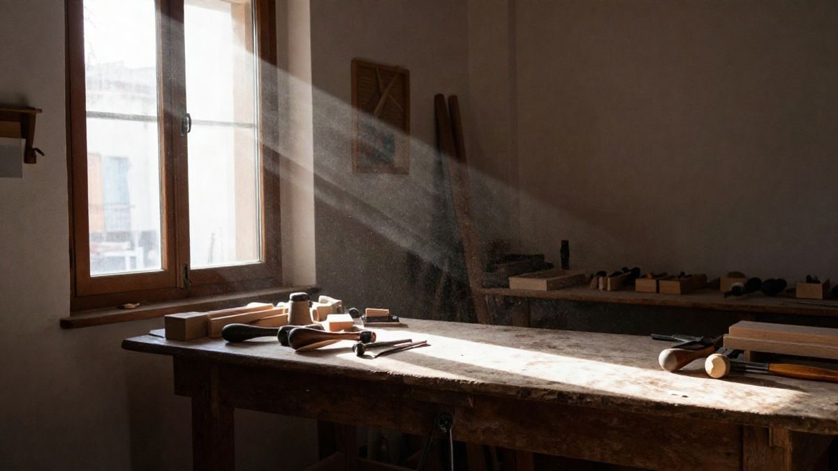 Imagen ilustrativa: taller artesano con banco de trabajo y herramientas junto a una ventana