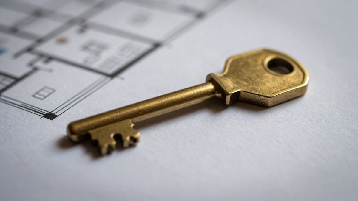 Illustrative image: brass key in the foreground on a blurred architectural plan