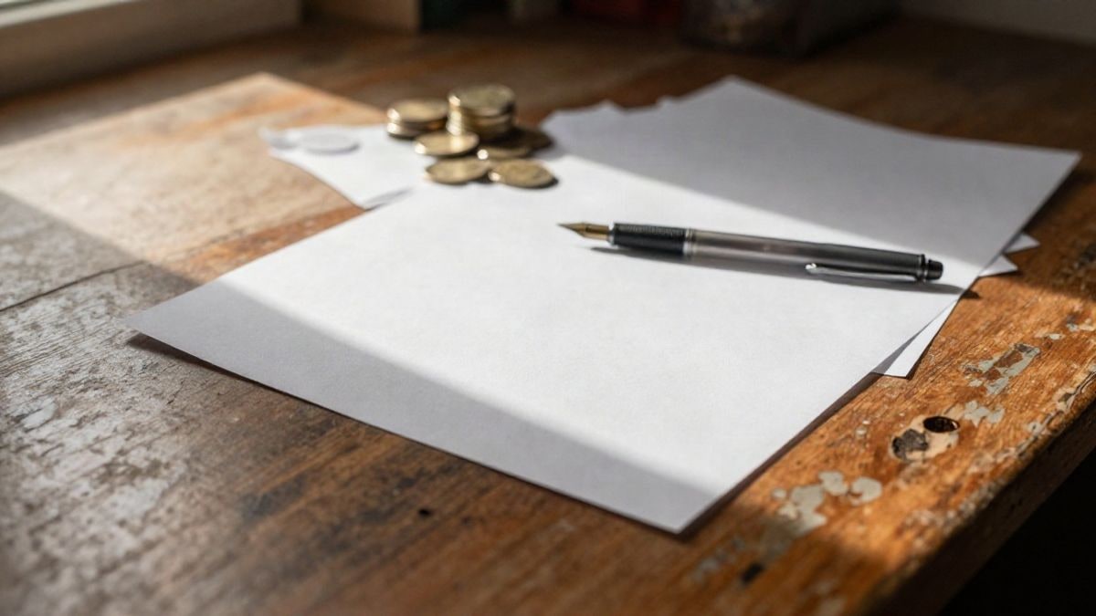 Imagen ilustrativa: detalle de una mesa de madera con hojas en blanco, un bolígrafo y unas monedas bajo luz natural