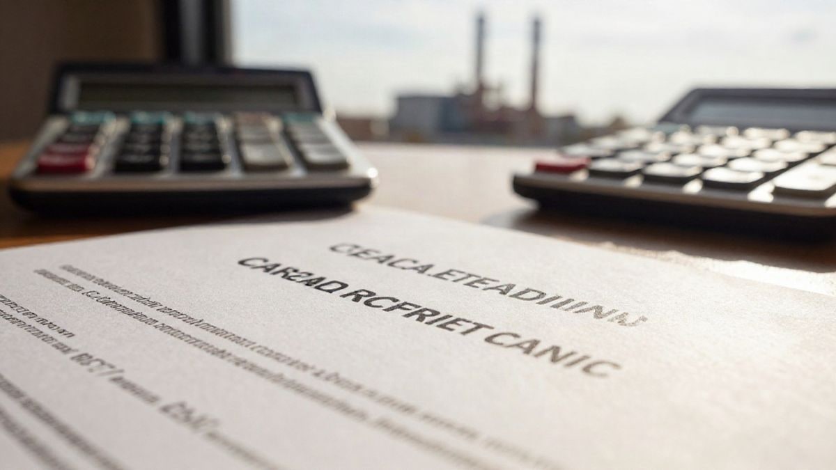 Imagen ilustrativa: primer plano de un certificado de derechos de emisión y una calculadora sobre una mesa, con chimeneas industriales desenfocadas al fondo
