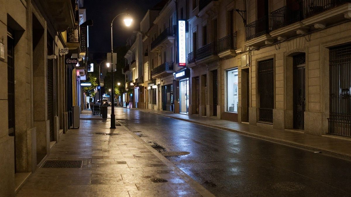 Imagen ilustrativa: calle urbana de noche con luz artificial de farolas y neones