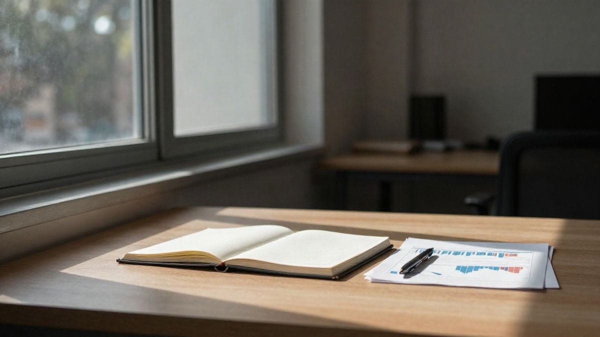 Illustrative image: empty desk by a window with side light and printed stock charts on the table