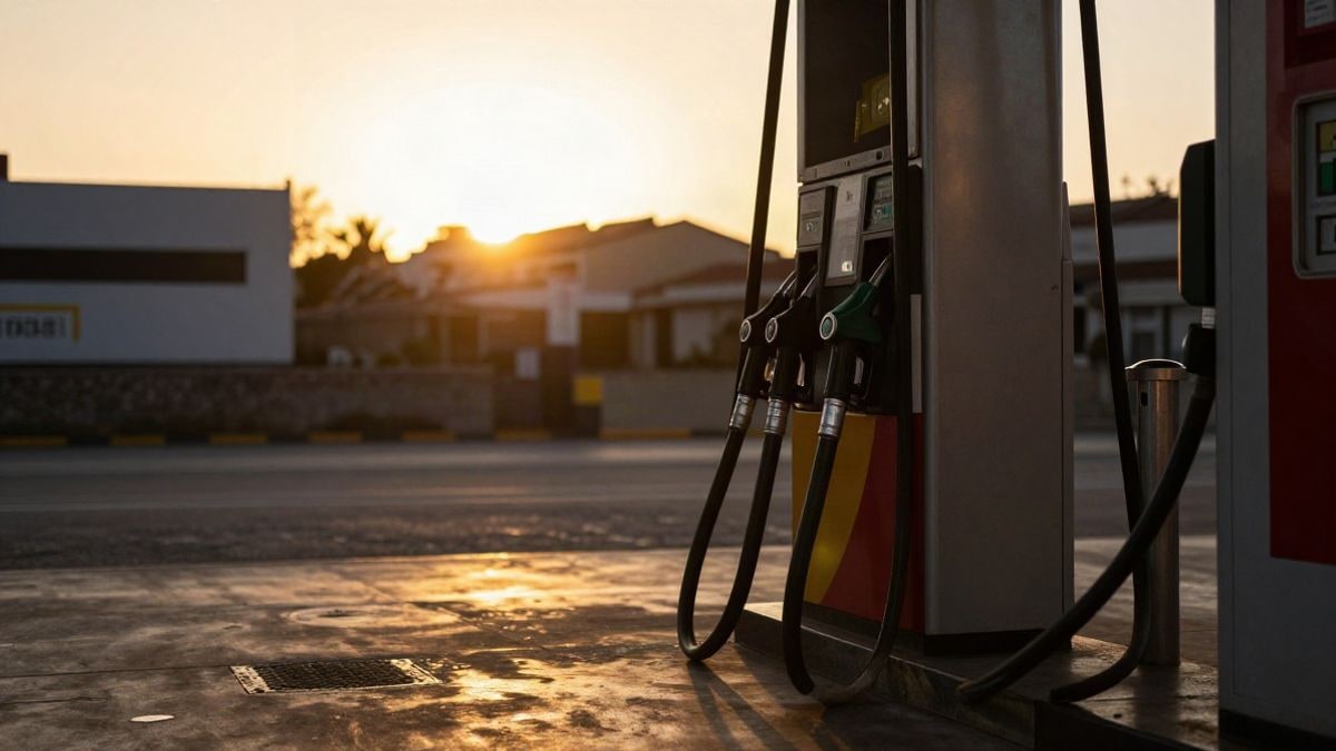 Illustrative image: silhouette of a petrol pump against the light during sunset