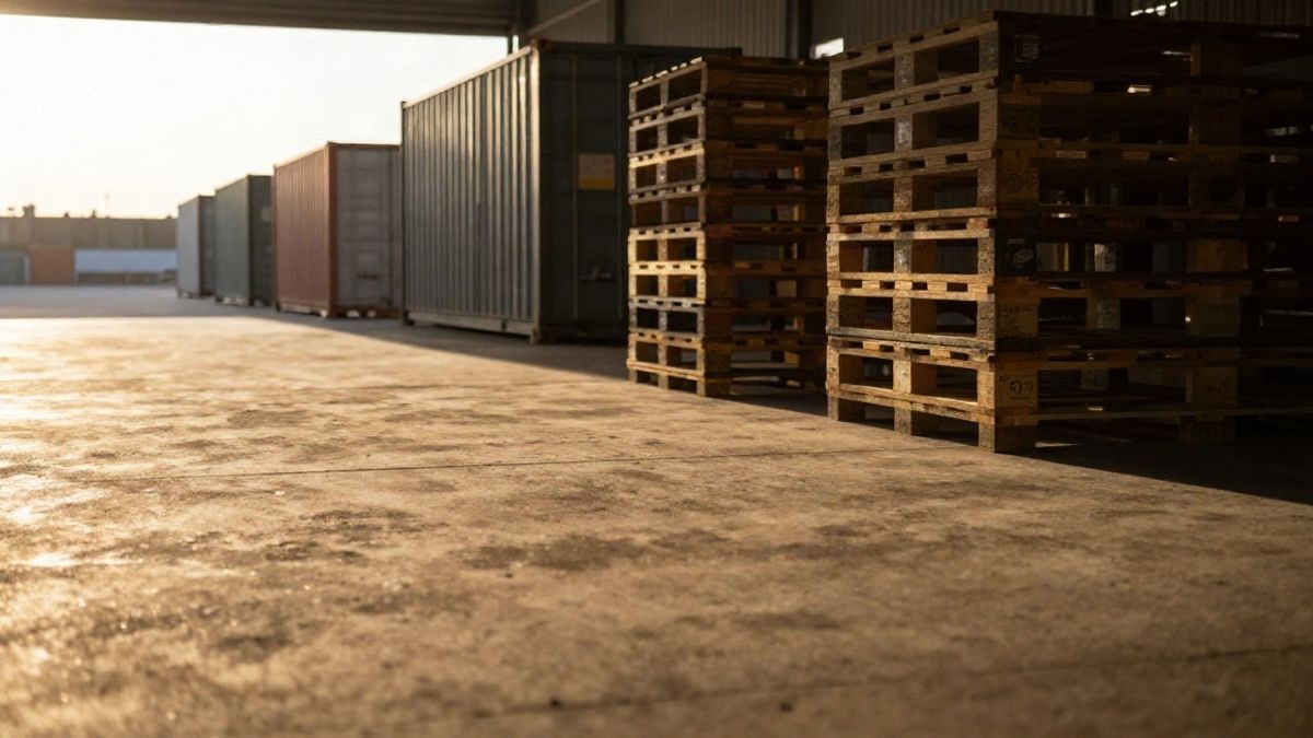 Illustrative image: a loading dock with long shadows at sunset and blurred containers in the background