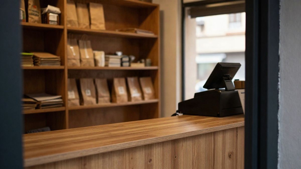 Illustrative image: counter of a small shop with blurred wooden shelves in the background and warm afternoon light