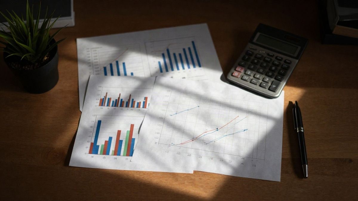 Imagen ilustrativa: vista cenital de una mesa de trabajo con gráficos impresos, una calculadora y un bolígrafo