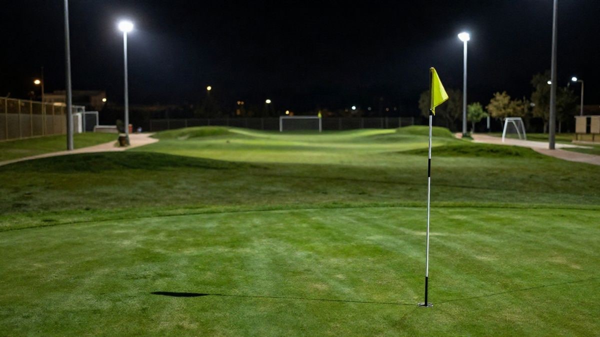 Illustrative image: empty golf course illuminated by artificial lights at night