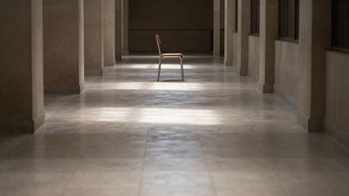 Imagen ilustrativa: pasillo vacío de un edificio universitario con una silla de madera pequeña al fondo y luz natural