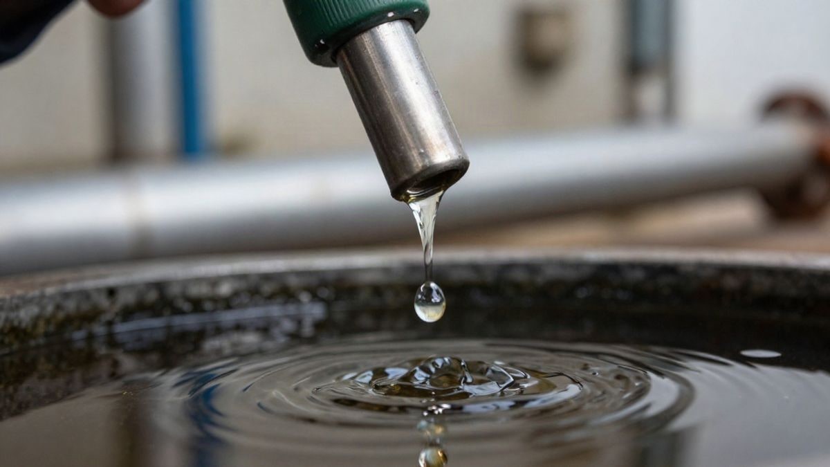 Imagen ilustrativa: primer plano macro de una gota de gasóleo cayendo de un surtidor sobre una superficie oscura