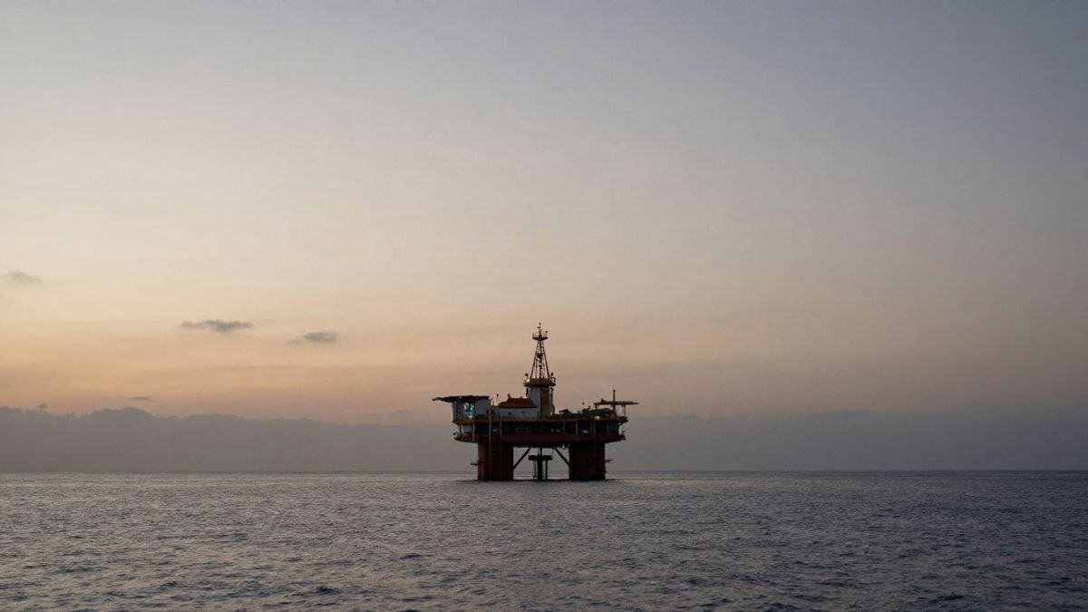 Imagen ilustrativa: plataforma de gas en alta mar al atardecer, vista de lejos con el mar en calma