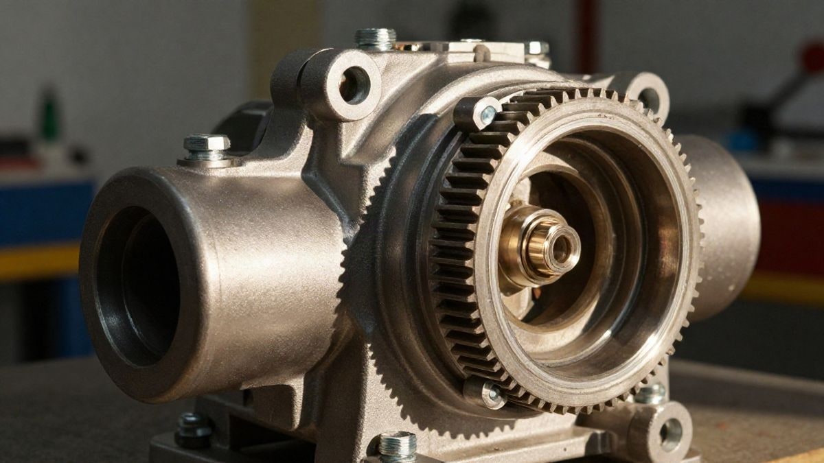 Imagen ilustrativa: primer plano de una carcasa metálica de bomba de vacío industrial con engranajes de precisión