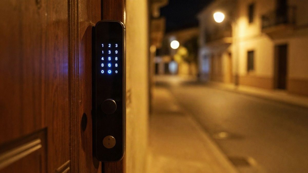 Illustrative image: smart lock with illuminated keypad on a residential door at night