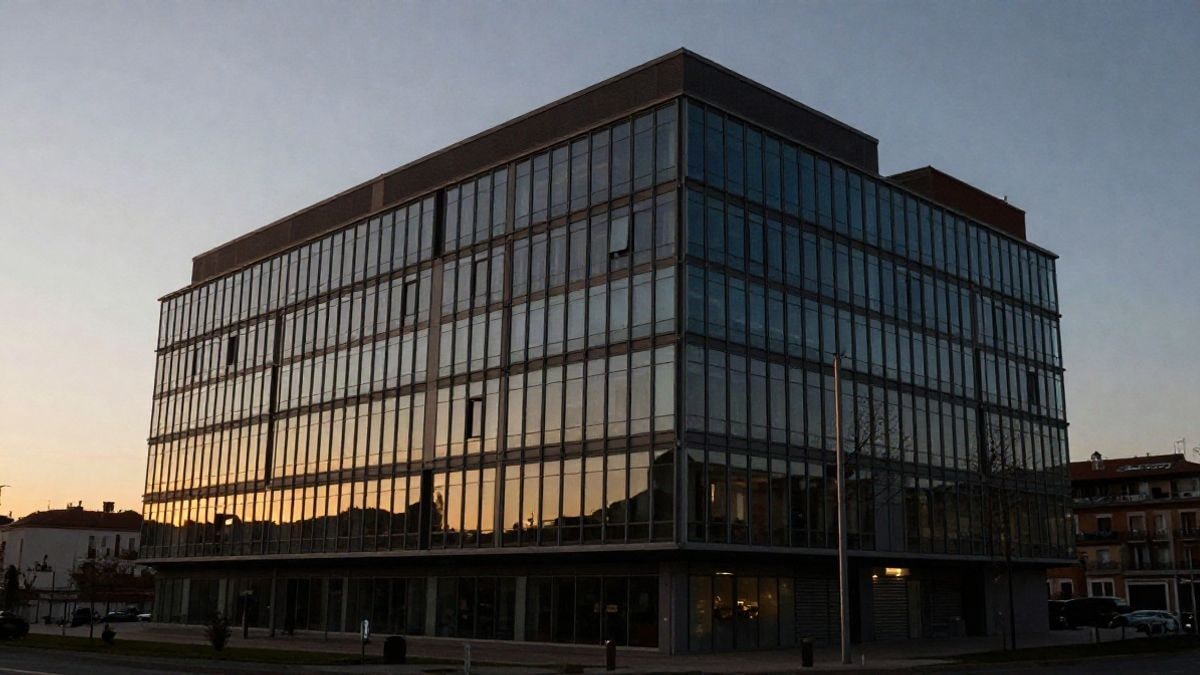 Imagen ilustrativa: contraluz al atardecer con siluetas y sombras largas de un edificio de oficinas moderno