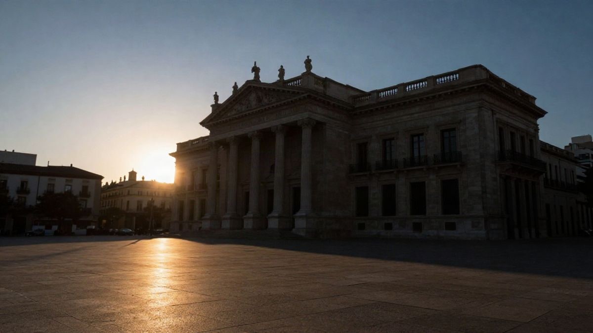 Imagen ilustrativa: silueta de un edificio bancario clásico a contraluz al atardecer, con sombras largas sobre una plaza vacía