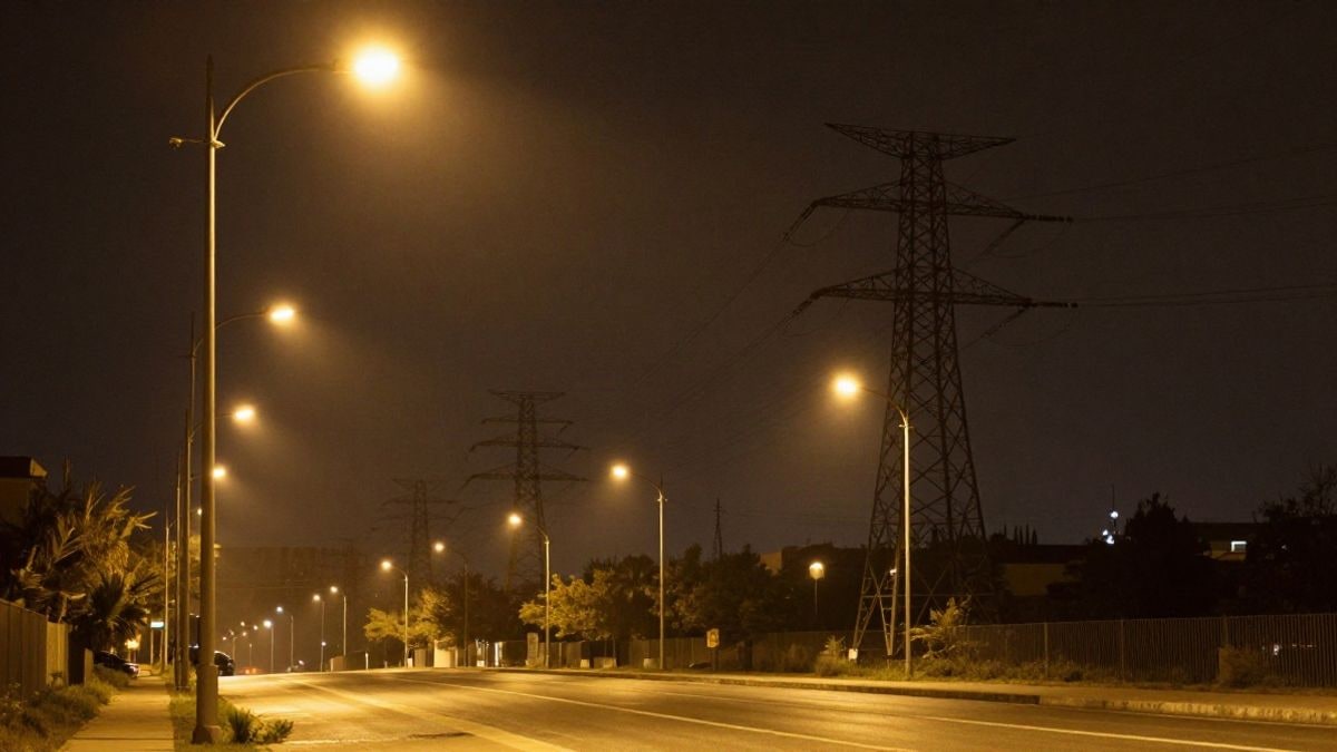 Imagen ilustrativa: farolas y una torre eléctrica iluminadas de noche sobre una calle vacía