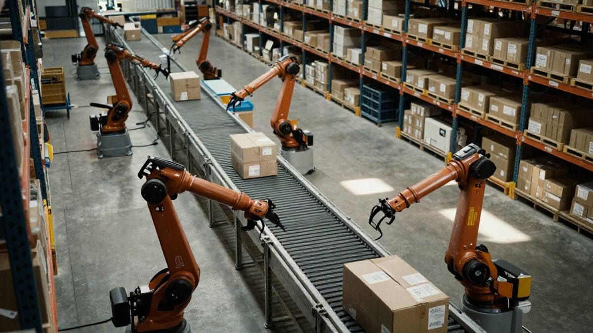 Imagen ilustrativa: vista cenital de una nave industrial automatizada con cintas transportadoras y brazos robóticos