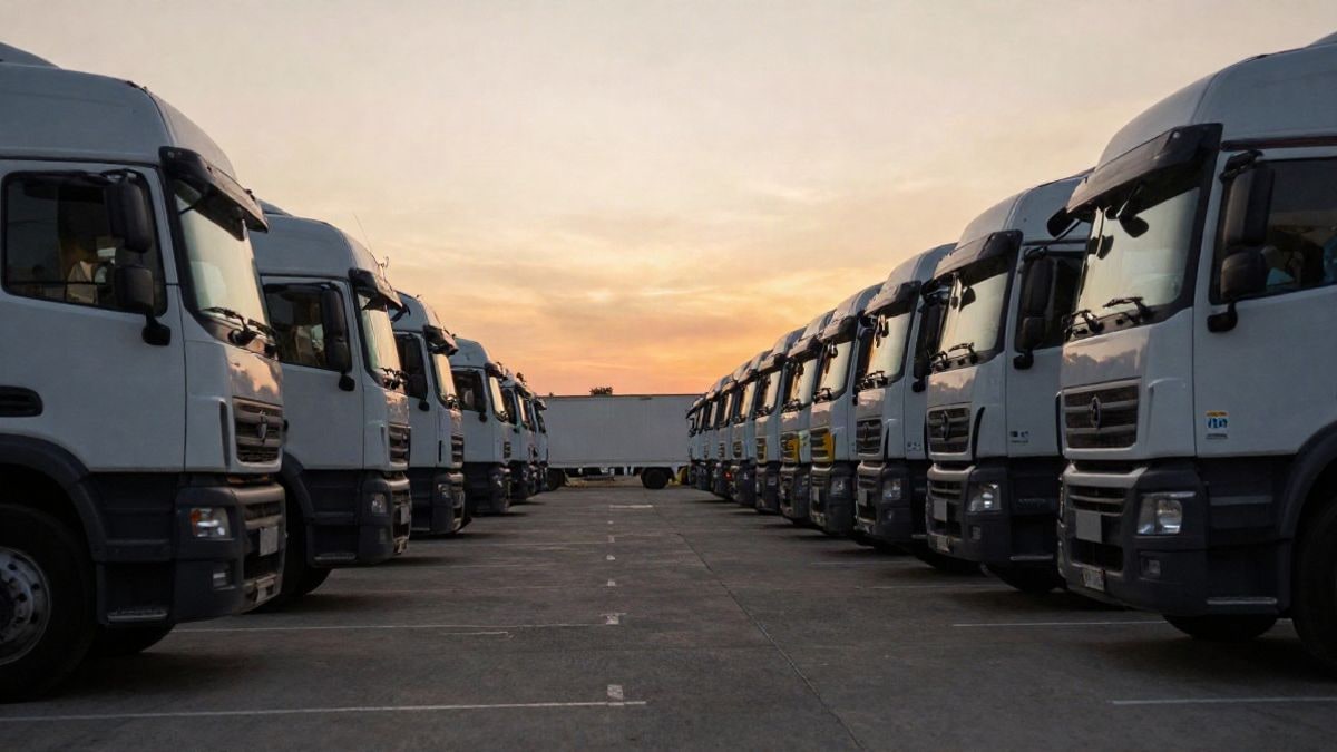 Illustrative image: wide-angle of generic trucks parked in a row at a logistics centre at sunset