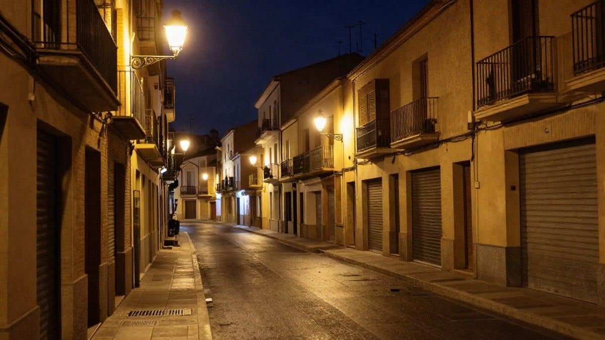 Imagen ilustrativa: calle residencial española de noche, con farolas encendidas y fachadas de edificios iluminadas por luz cálida