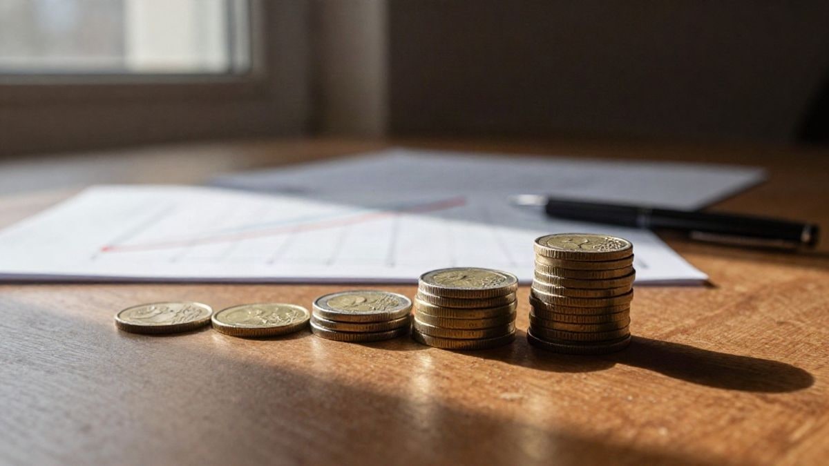 Imagen ilustrativa: monedas de euro apiladas sobre una mesa de madera con un gráfico desenfocado al fondo