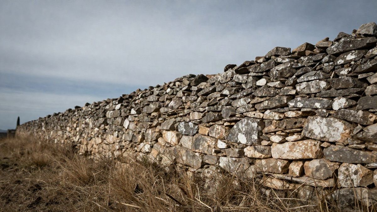 Imagen ilustrativa: muro de piedra envejecido y hierba seca desde un ángulo bajo, con cielo abierto de fondo