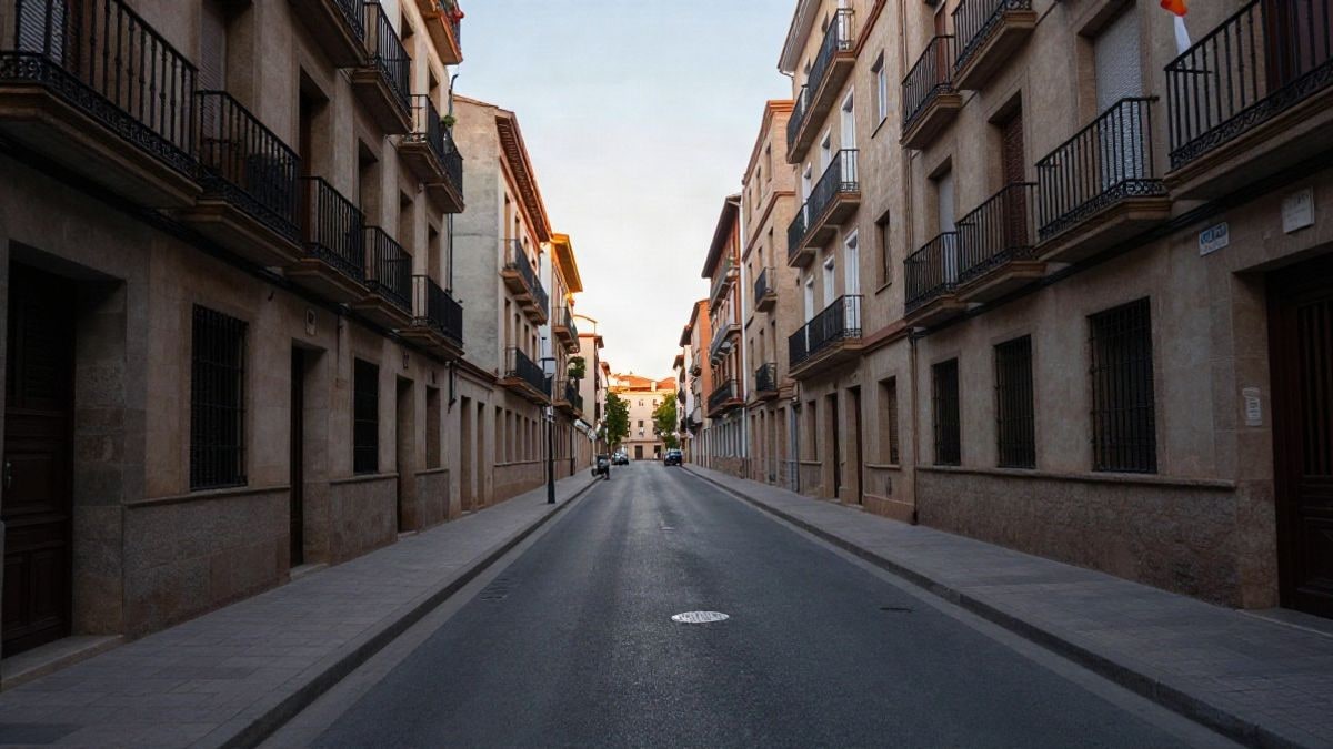 Imagen ilustrativa: calle residencial de bloques de pisos con fachadas que convergen en perspectiva al amanecer