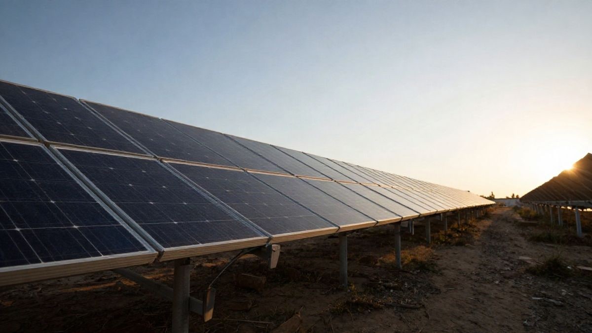 Imagen ilustrativa: campo de paneles solares bajo un cielo despejado al atardecer