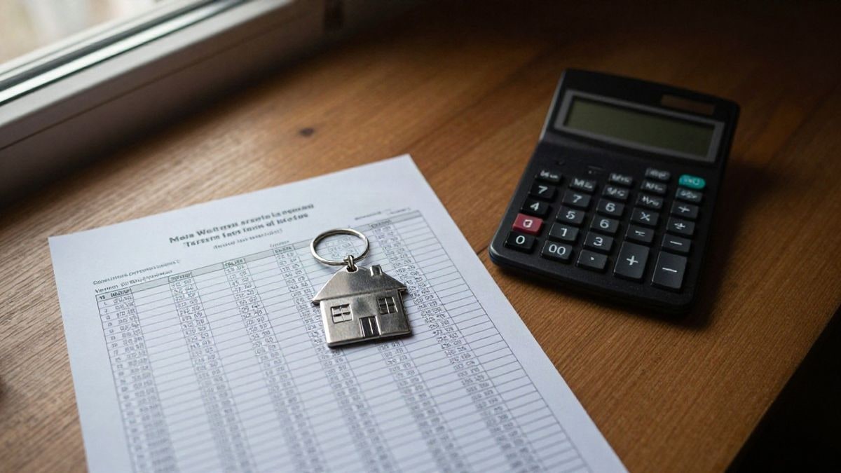Illustrative image: overhead view of a table with a calculator and mortgage amortization table