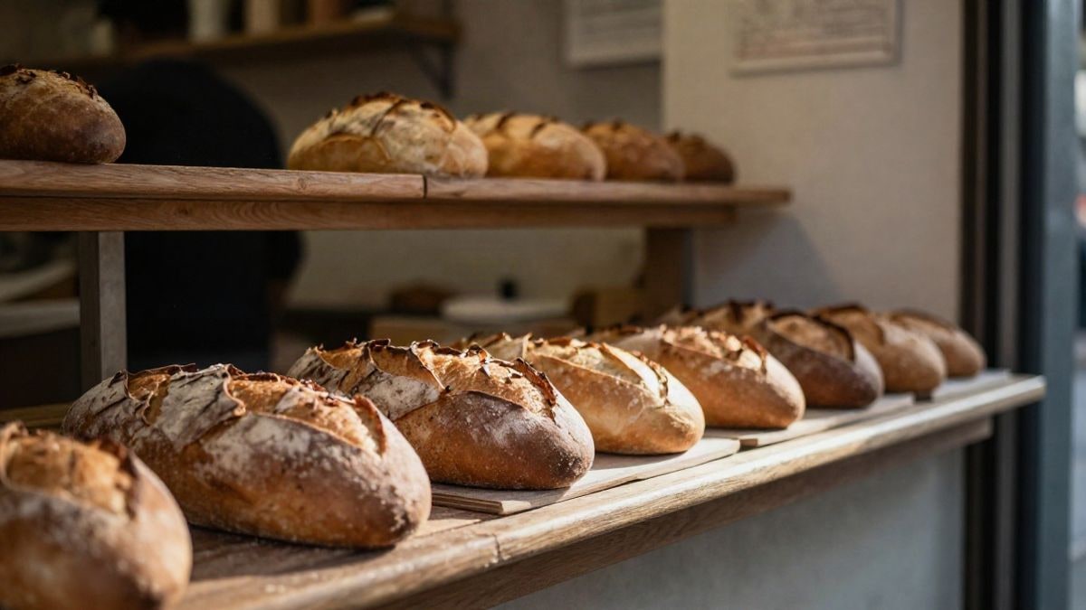 Imagen ilustrativa: mostrador de una panadería pequeña con pan recién hecho y fondo desenfocado
