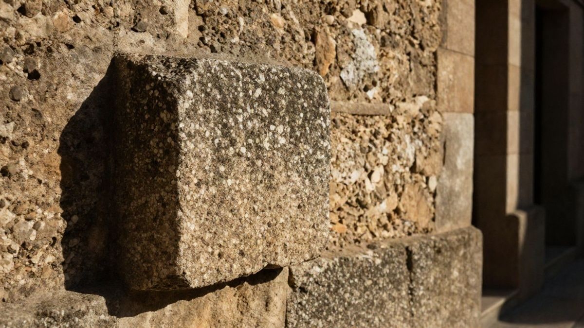 Imagen ilustrativa: detalle de un muro de piedra de granito iluminado por luz cálida de atardecer.