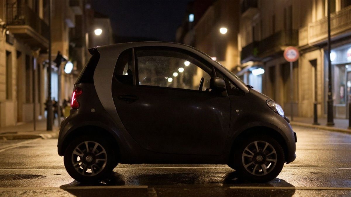Imagen ilustrativa: coche eléctrico urbano aparcado en una calle mojada de noche, iluminado por farolas