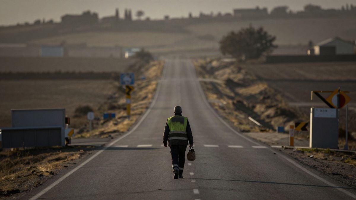 Illustrative image: a solitary figure walking along a generic road at sunset next to an unmarked European border crossing