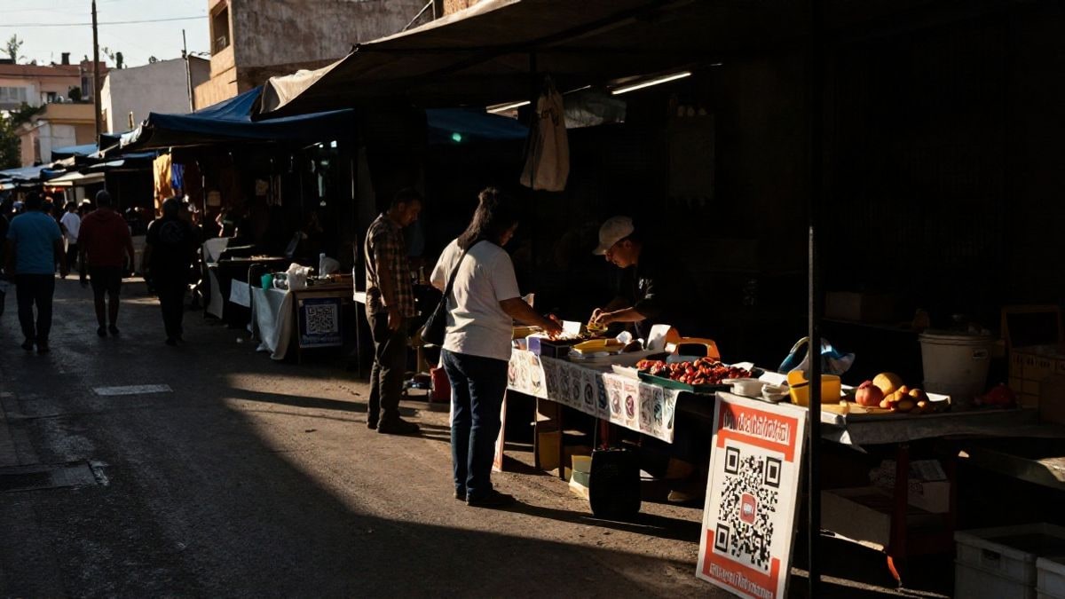 Imagen ilustrativa: contraluz al atardecer en un mercado callejero con un puesto y un código QR genérico