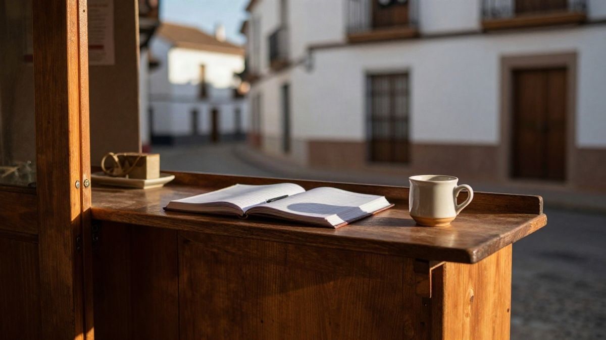 Illustrative image: wooden counter of a small shop with a notebook and a coffee cup, with sunset light.