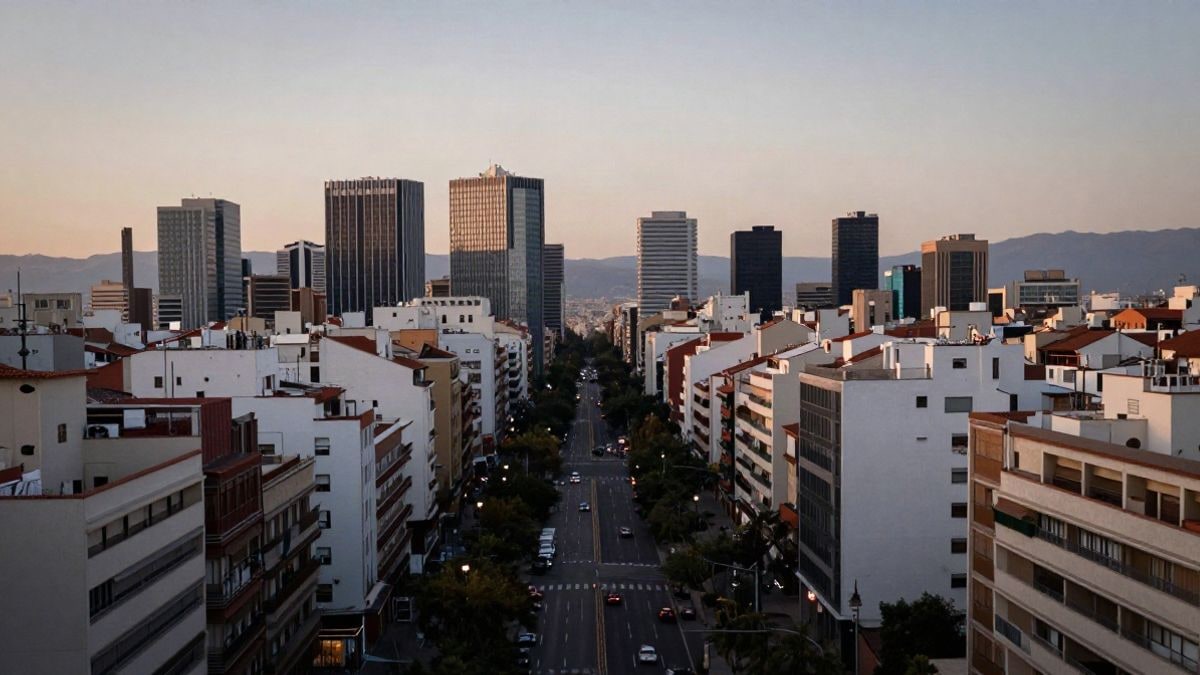 Illustrative image: wide-angle view of a city with lines converging towards the horizon at sunset
