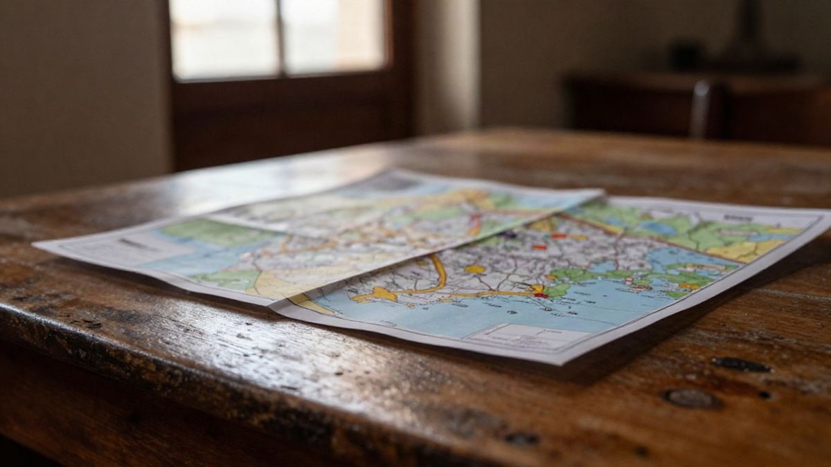 Imagen ilustrativa: detalle de una mesa de madera envejecida con un mapa de papel doblado sobre ella bajo luz natural