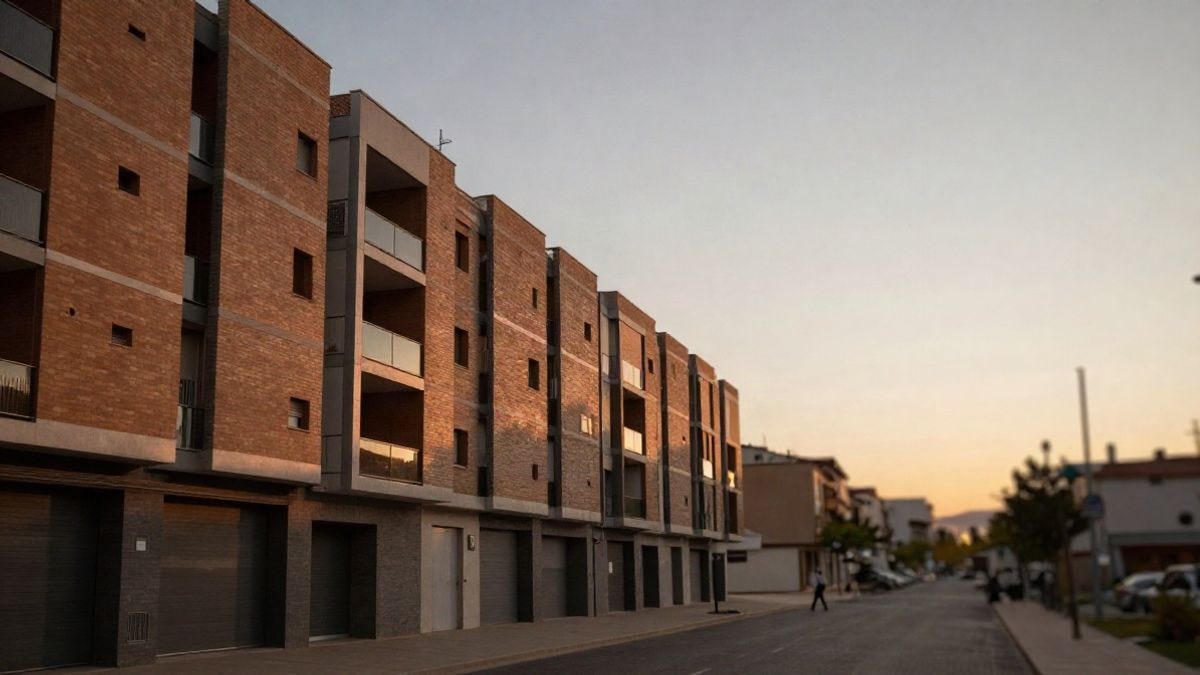 Imagen ilustrativa: fachada de un edificio residencial moderno al atardecer con una figura lejana
