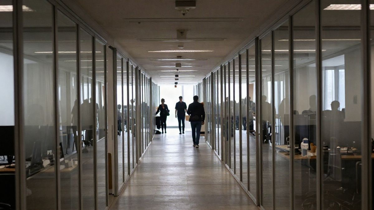 Imagen ilustrativa: pasillo de un edificio de oficinas moderno con líneas que convergen hacia el fondo