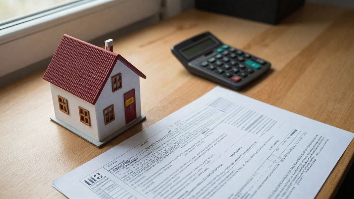 Imagen ilustrativa: vista cenital de una mesa con una maqueta de casa, una calculadora y formularios fiscales