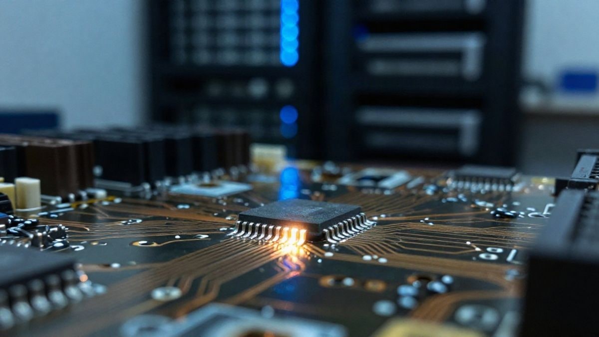 Illustrative image: close-up of illuminated circuit board with a microchip in focus against a dark server background