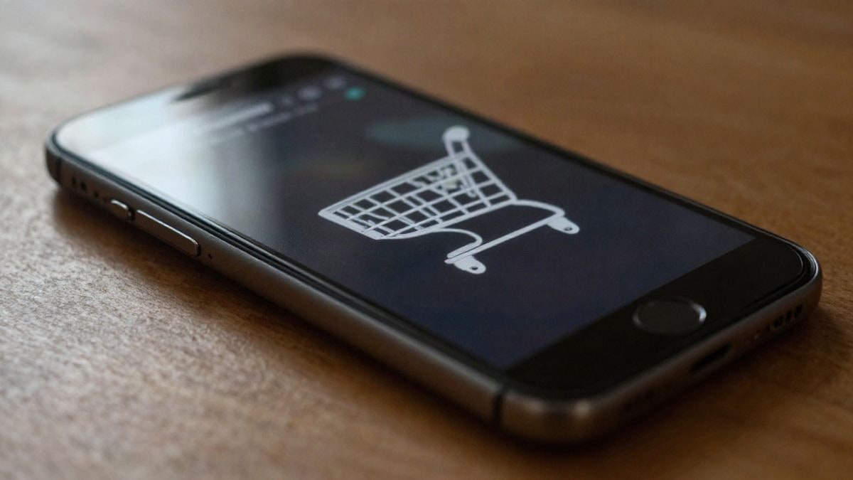 Illustrative image: close-up of a mobile phone on a wooden table with a bright shopping interface on the screen