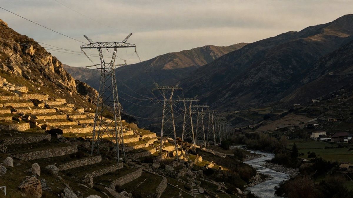 Illustrative image: power lines disappearing into a mountain valley at sunset