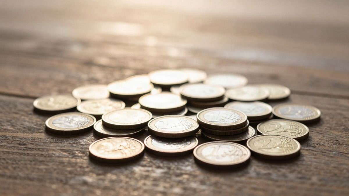 Imagen ilustrativa: monedas de euro apiladas sobre una mesa de madera envejecida con la luz dorada del atardecer