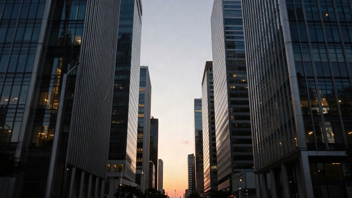 Imagen ilustrativa: gran angular de rascacielos financieros al atardecer con líneas convergentes