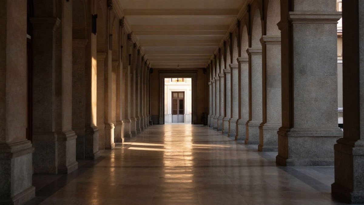 Illustrative image: long empty corridor of a university building with sunset light in the background