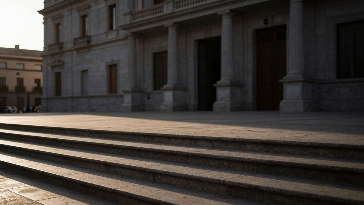 Imagen ilustrativa: fachada de un edificio institucional al atardecer con sombras largas sobre los escalones