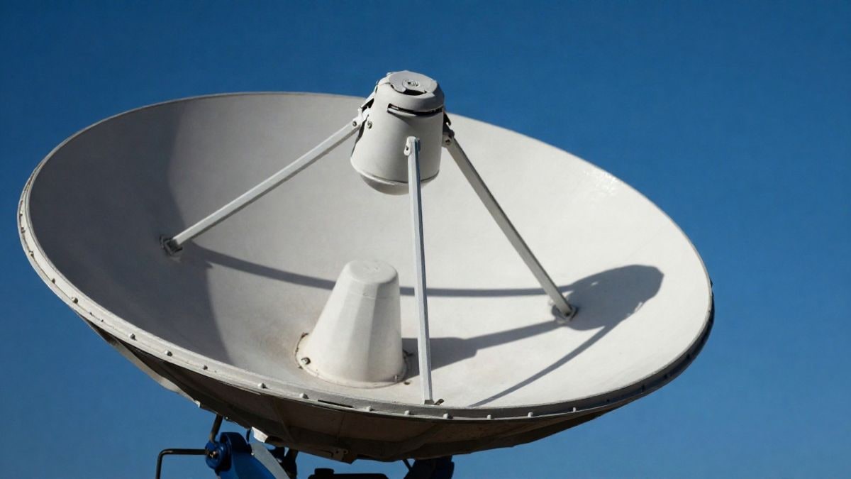 Imagen ilustrativa: primer plano de una antena parabólica de satélite bajo un cielo despejado