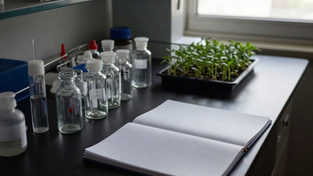 Imagen ilustrativa: vista cenital de una mesa de laboratorio con viales de cristal y plántulas verdes en una bandeja