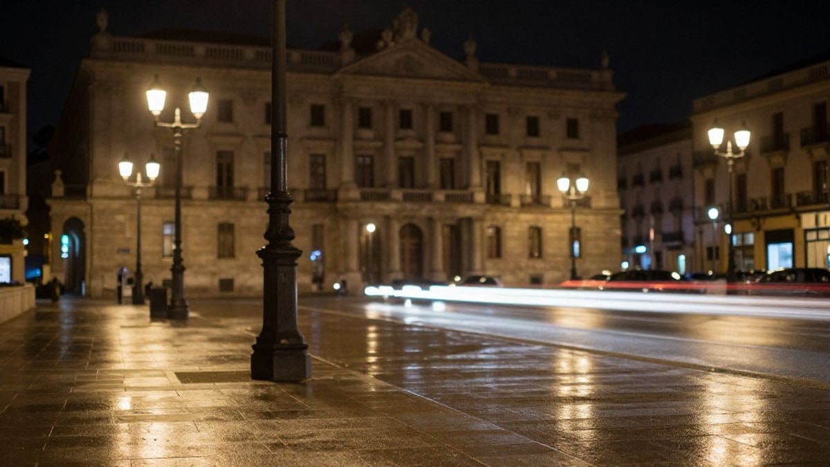 Illustrative image: urban street at night with streetlights and reflections on wet asphalt, with an institutional facade blurred in the background