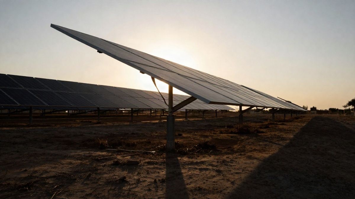 Illustrative image: solar panels silhouetted against the sunset over dry land